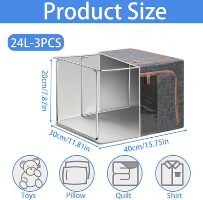 24L Clothes Storage Boxes,Stackable Cube Wardrobe Storage Organiser,Collapsible Storage With Metal Frame,Storage Bags With Zips Clear Window & Carry