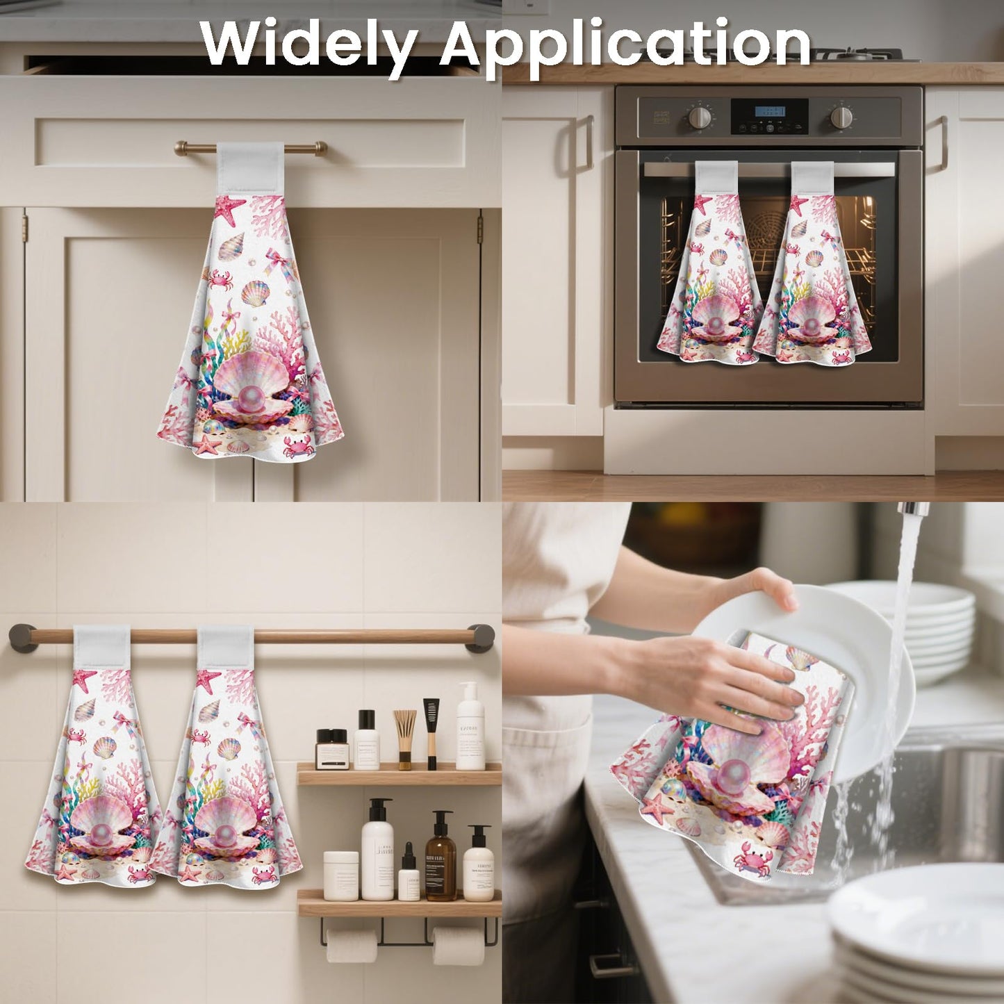 CUTHOLLOW 2 Pcs Pink Seashells Hanging Kitchen Towels with Loop