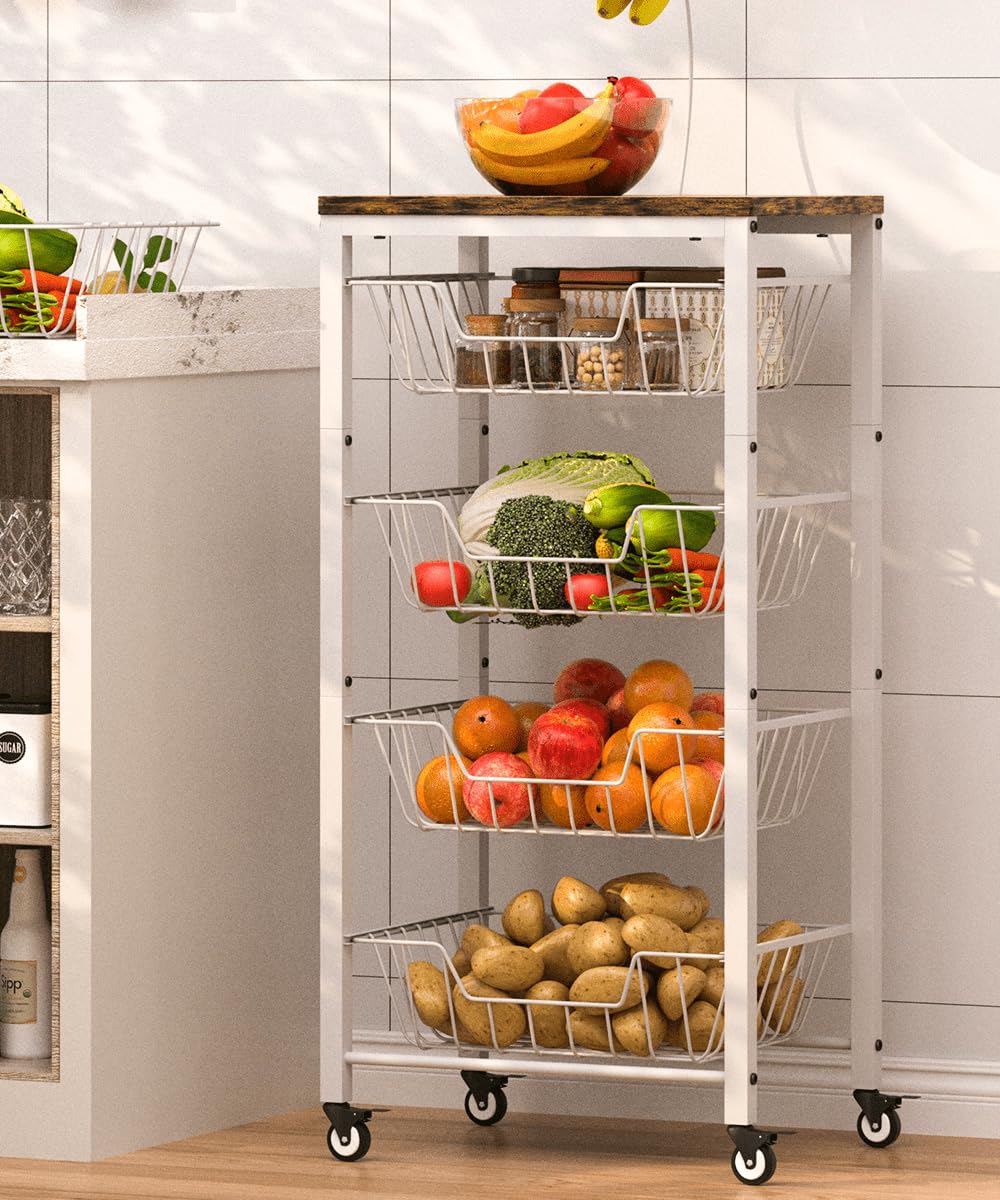 Garbuildman 5-Tier Kitchen Storage Cart with Pull-Out Wire Baskets - Fruit & Vegetable Organiser with Wooden Top & Banana Holder for Pantry