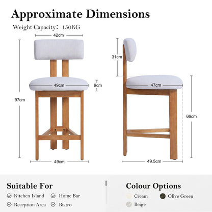 younturn Retro Mid Century Bar Stools Set of 2, Comfort Padded Linen Upholstered Seats Breakfast Barstools with Backrest