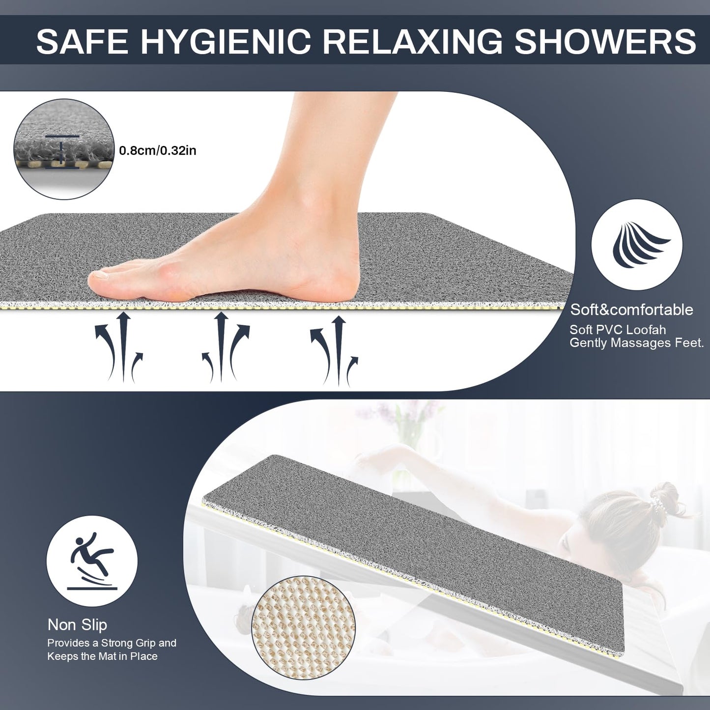 BLESWIN PVC Loofah Shower Mat 40x80CM, Soft Textured Non Slip Bath Mats for Inside Shower, Shower Mats with Drain