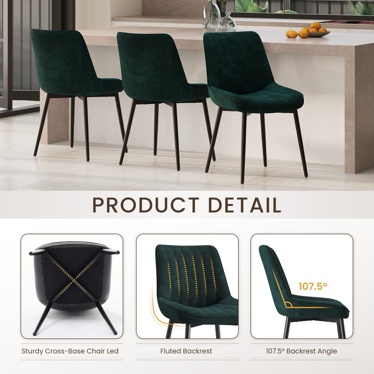 COLAMY Velvet Dining Chairs Set of 4, Velvet Chairs for Dining Room with Metal Legs and Thick Seat Cushion