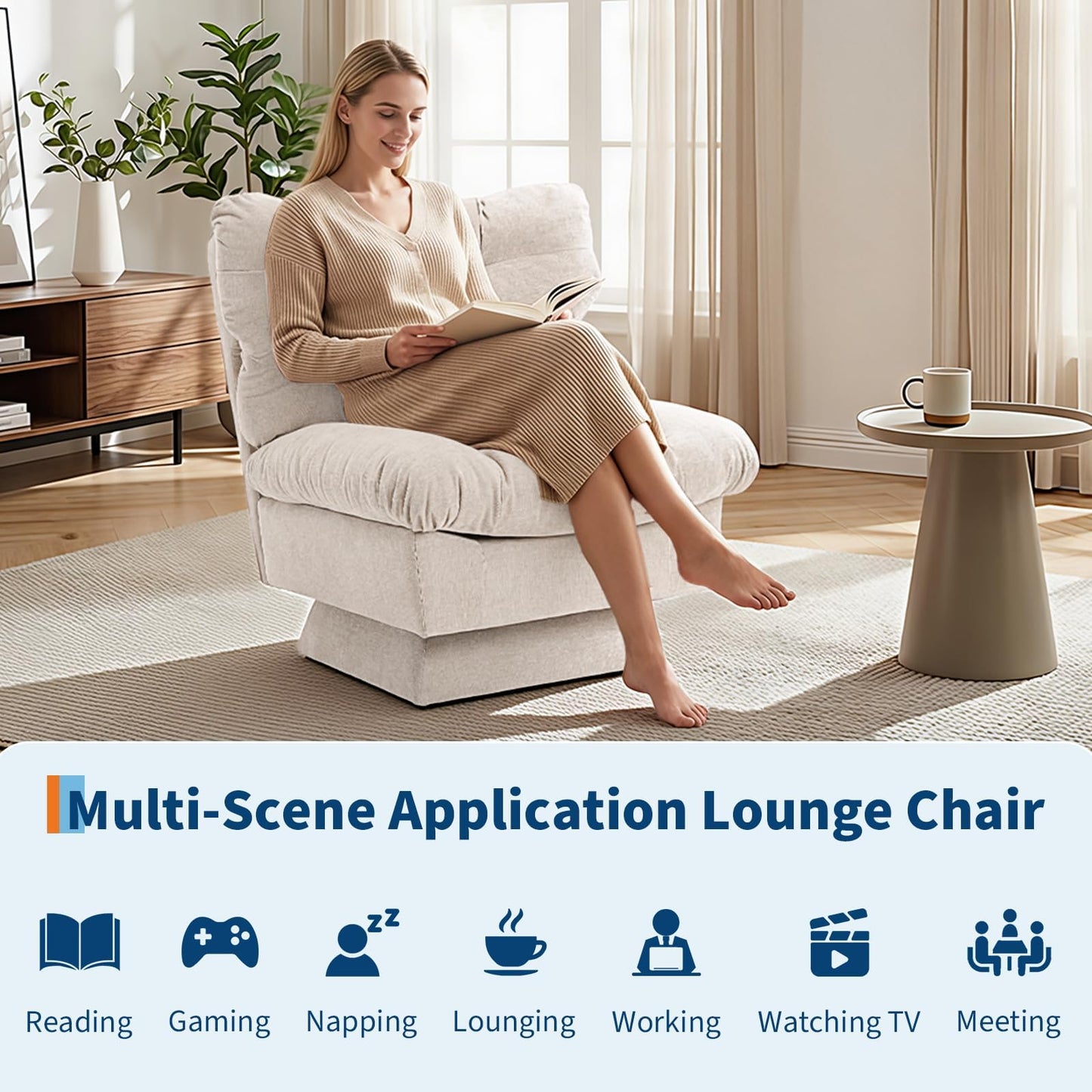 CuteHairy Oversized Swivel Accent Chair – Modern Chenille Cuddle Armchair with Plush Cushion & 360° Rotating Base, 136kg Capacity