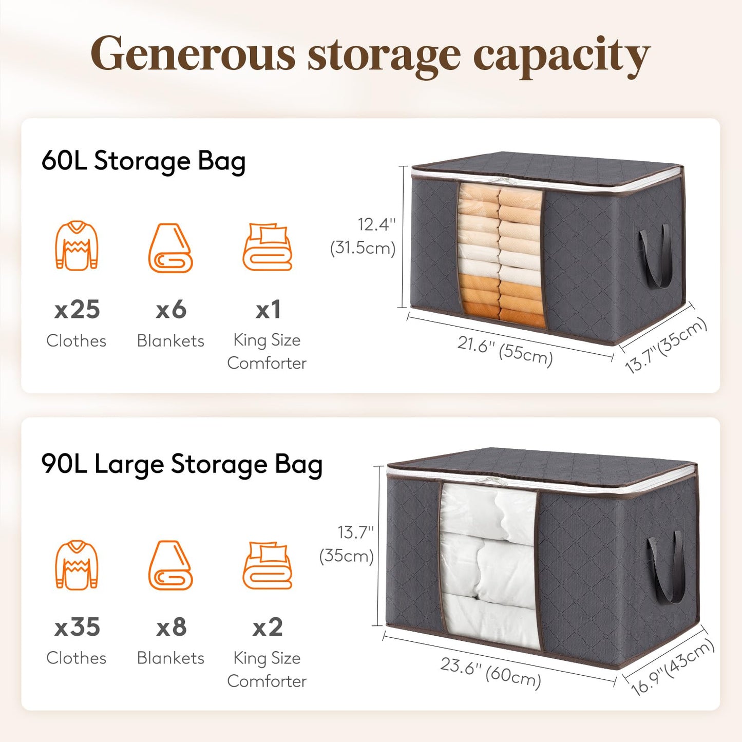 Lifewit 60L Clothes Storage Bags, Foldable Storage Box Moving Bags Wardrobe Storage Organiser Packing Boxes for Moving House with Clear Window for