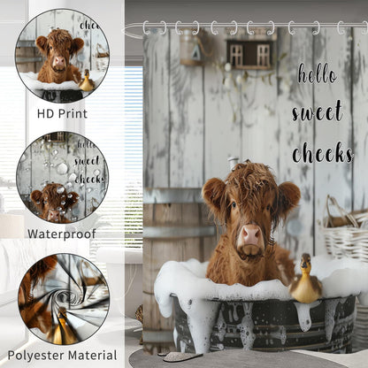 Hnmdmyi Funny Highland Cow Shower Curtain 180x240, Farmhouse Western Animal Cattle Duck Bathing in Bubbly Bathtub Bathroom Curtains Waterproof
