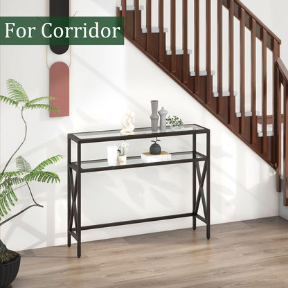 YMYNY Console Table, Tempered Glass Sofa Table, Industrial Entryway for Hallway, Narrow With Shelves, Compact Display for Small Spaces