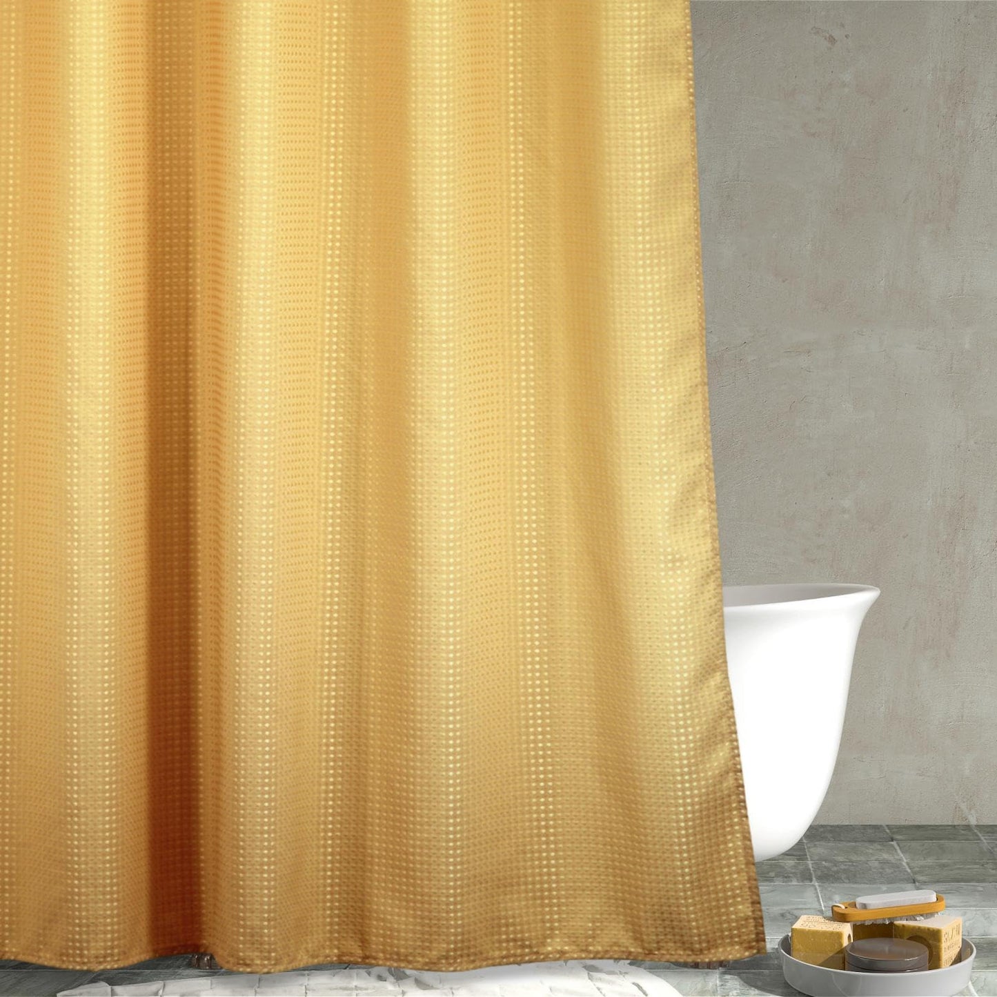 Yellow Gold Extra Long Shower Curtain: 84 Inch Long Waffle Weave Heavy Duty Fabric Shower Curtains for Bathroom - Water Repellent Washable Thick