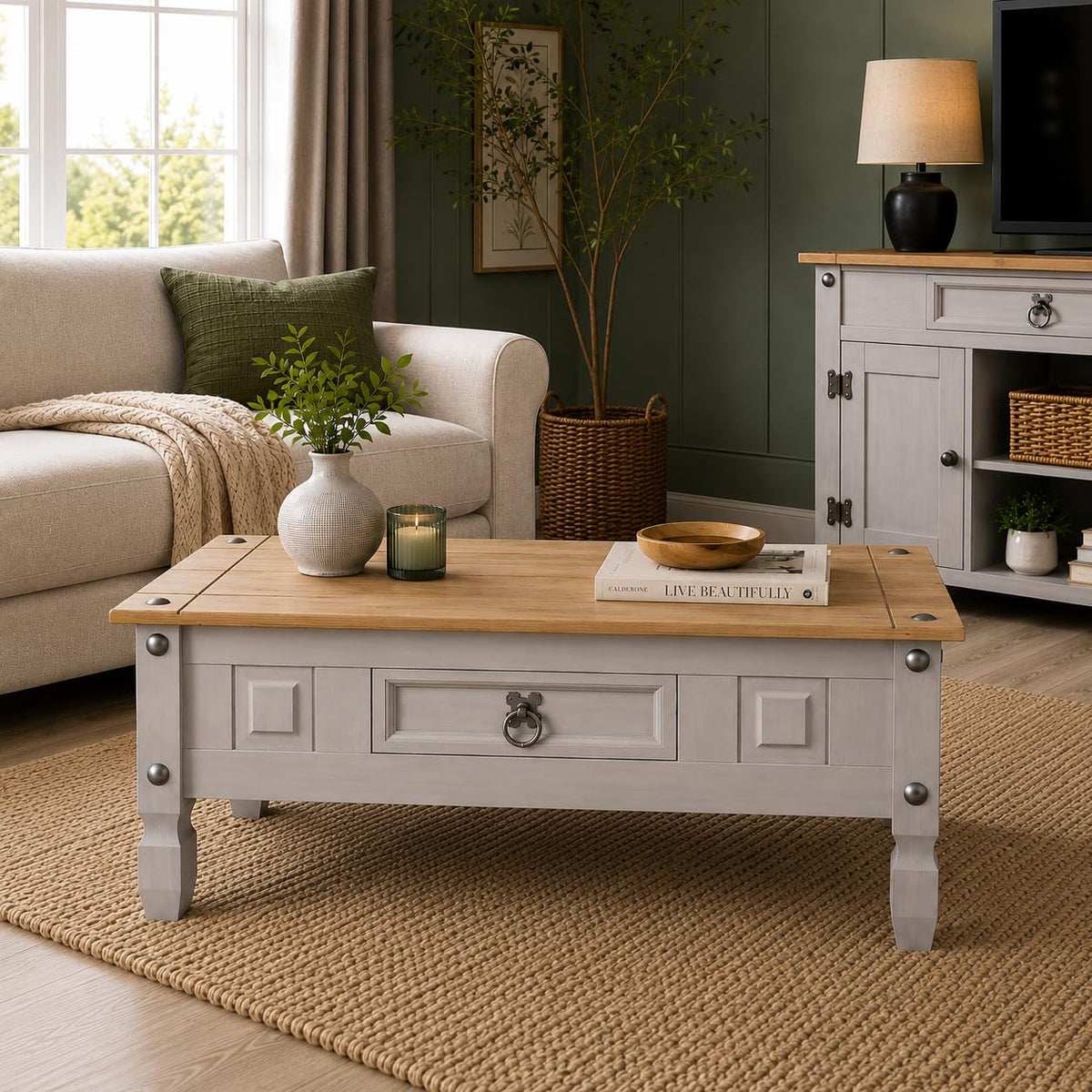 Corona Grey Coffee Table 1 Drawer Solid Mexican Pine Wood