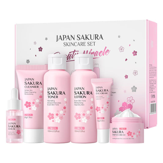LAIKOU Skincare Set, JAPAN Sakura Skin Care Sets & Kits - Cleanser, Toner, Lotion, Serum, Eye Cream, Face Cream, Travel Gift Sets for Women Teenage