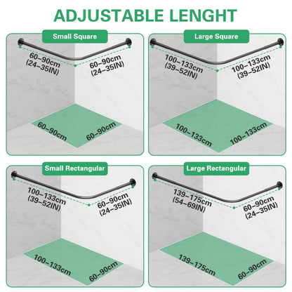 L Shaped Shower Curtain Rail, (60-133cm) x (60-133cm) Extendable Corner Shower Curtain Rail