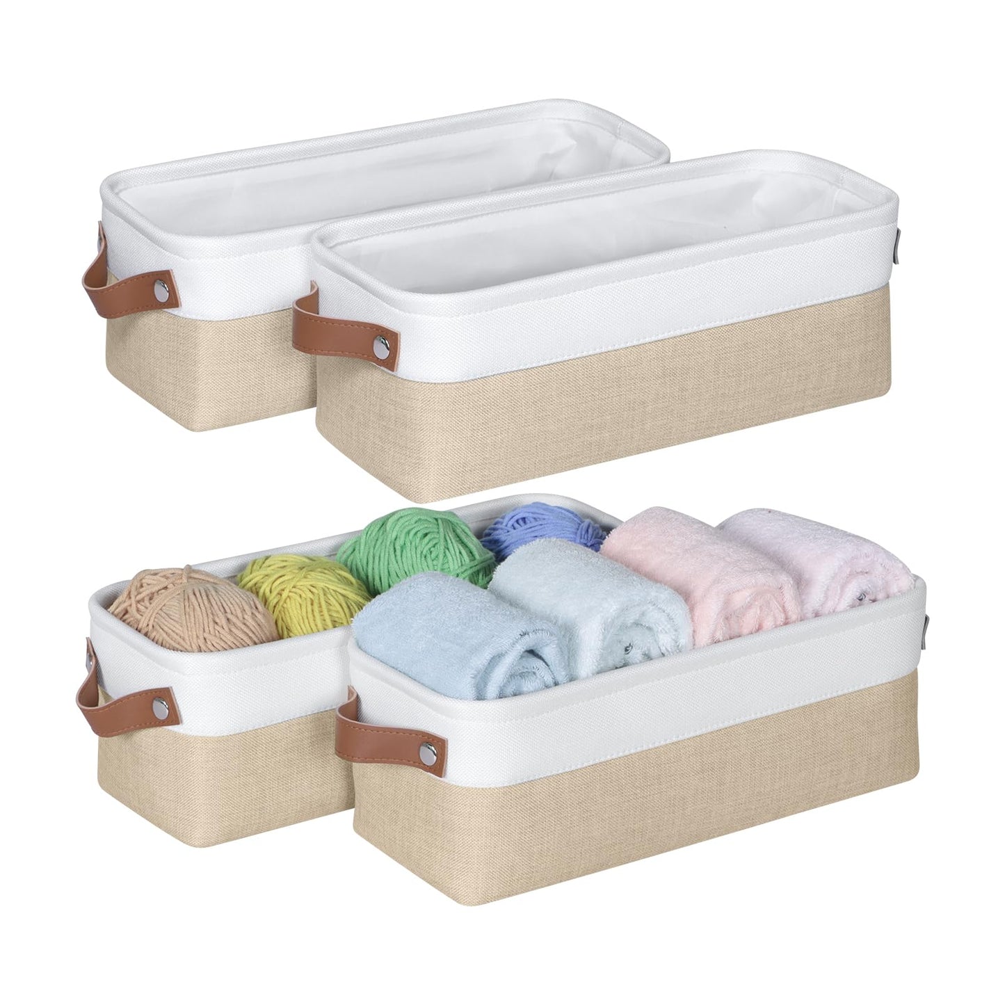 Univivi Small Storage Boxes, Foldable Baskets for Toys, White/Beige, 4 Pack