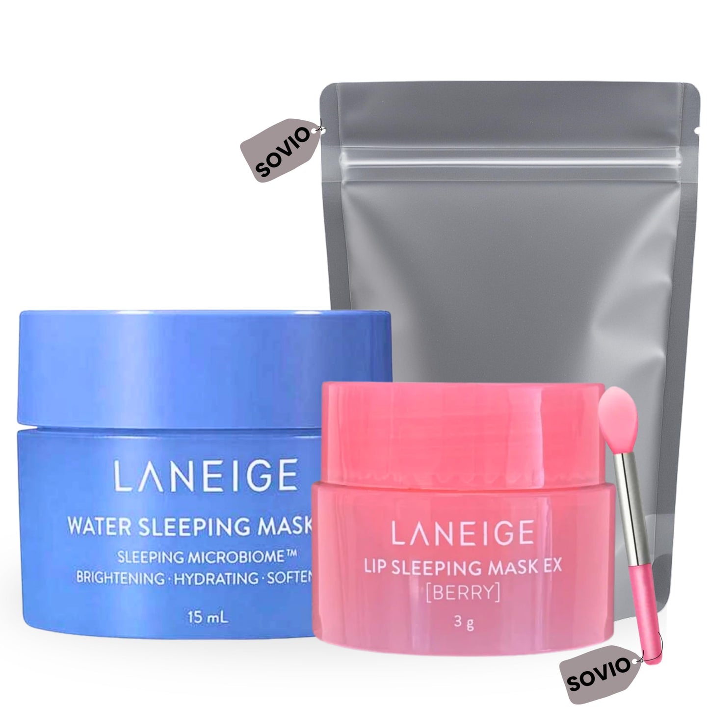 Laneige Lip Balm & Water Sleeping Mask Set (15ml + 3g), Korean Care Lip Mask & Mini Skincare Gift Duo with Applicator & Travel Pouch by Sovio