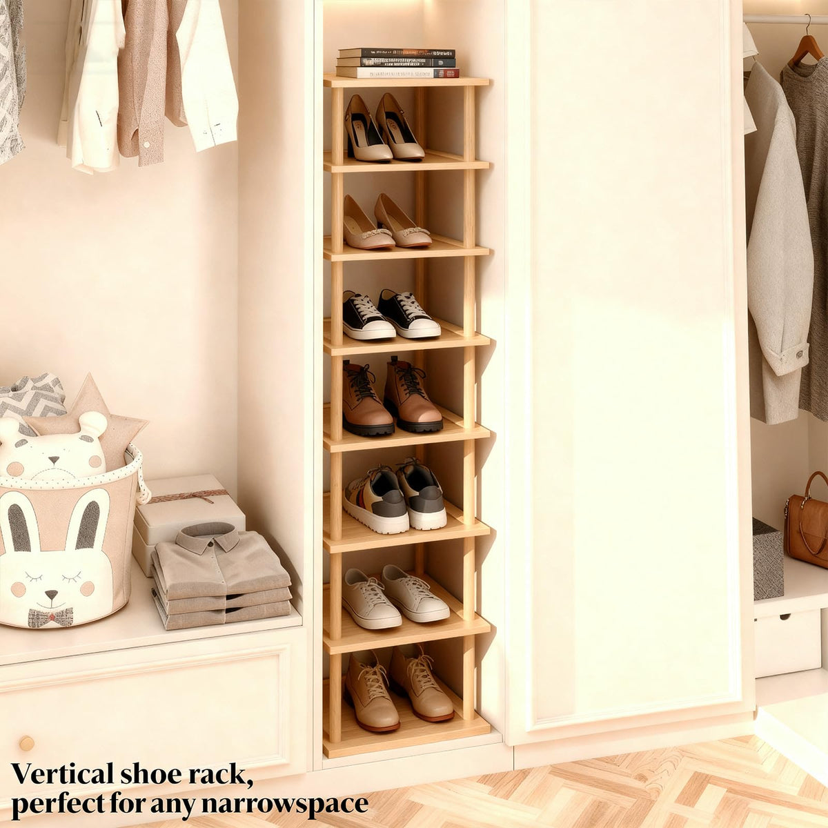 Aniston Bamboo Shoe Rack 8 Tier, Vertical Shoe Rack for Small Spaces, Free Standing Tall Narrow Shoe Organizer for Garage, Closet, Doorway, Corner
