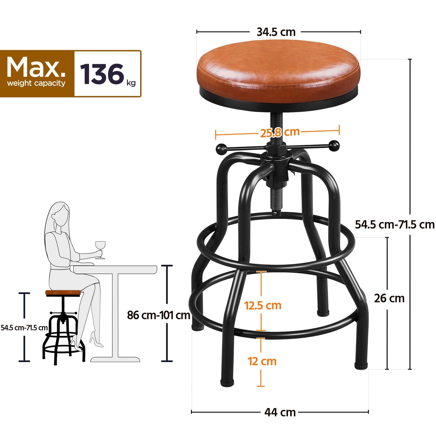 Yaheetech Rustic Round Adjustable Industrial Bar Stools, 1PCS Light Brown