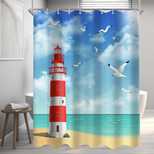 Lerores Lighthouse Shower Curtain, 240 x 180 cm, Weighted Hem, Anti-Mould, Water-Repellent, Washable Polyester Bath Curtains with 16 Eyelets and