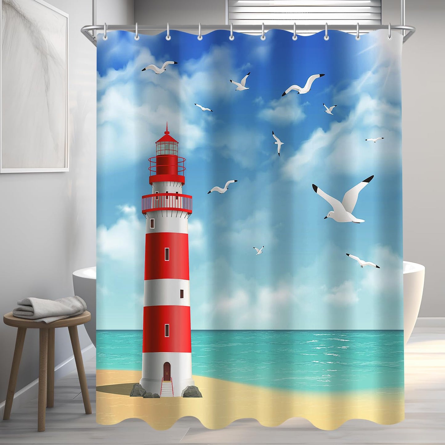 Lerores Lighthouse Shower Curtain, 180 x 200 cm, Weighted Hem, Anti-Mould, Water-Repellent, Washable Polyester Bath Curtains with 12 Eyelets and