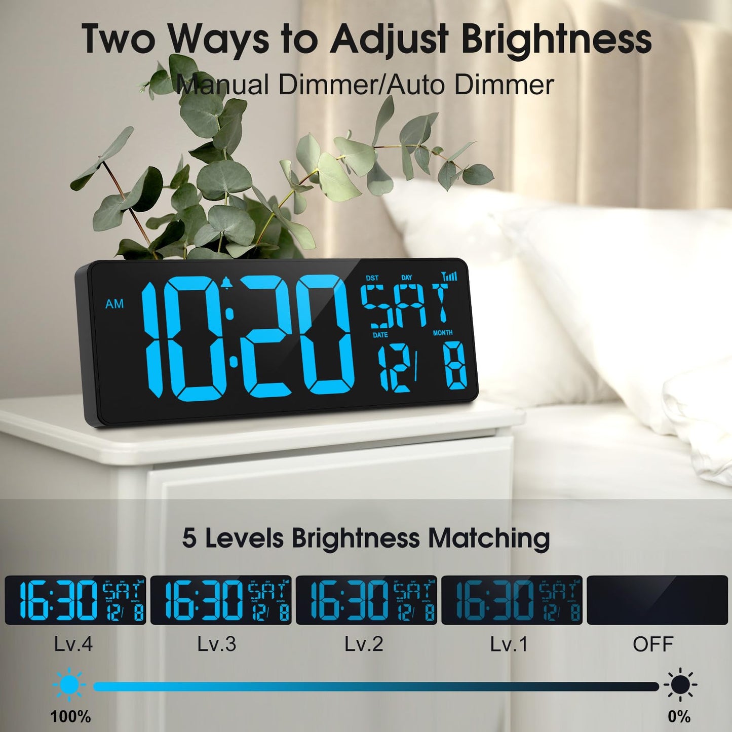 XREXS 17 Inch Large Digital Wall Clock with Bluetooth Function, Auto-sync Time, Adjustable Brightness, Clock with Time/Date/Temperature/Timer/Alarm