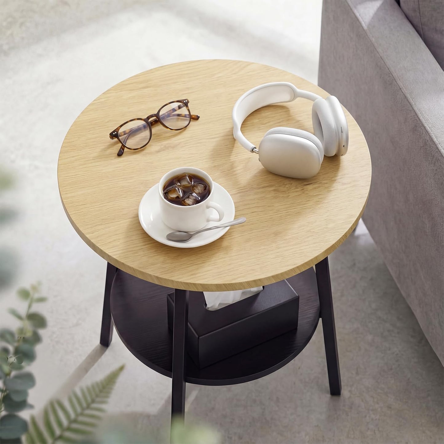 Small Round Side Table, 2-Tier Coffee Table with Storage Shelf