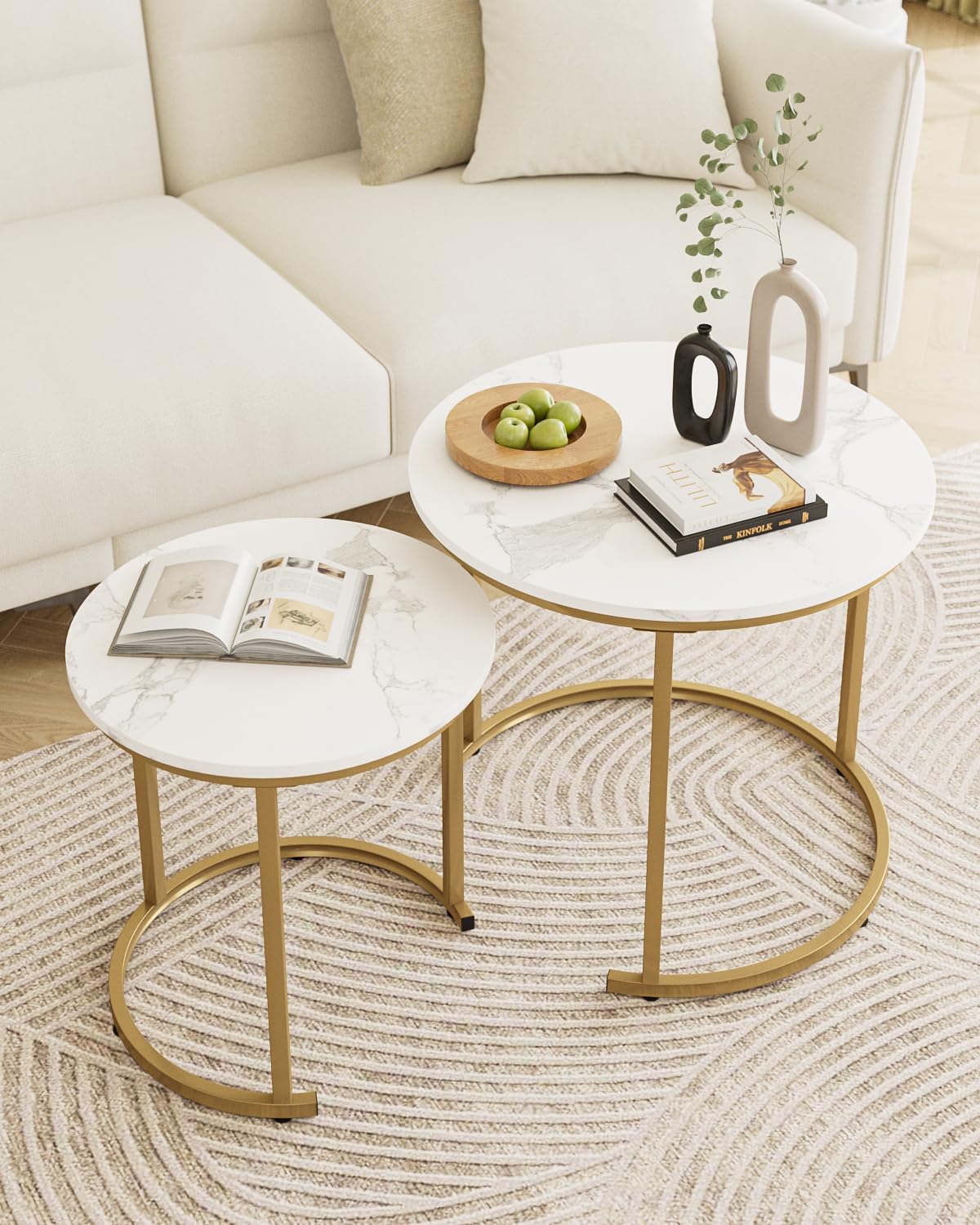 HEYZOEY Round Coffee Tables, Removable Set of 2 End Table, Nesting Table, Side Table with Gold Metal Frame Legs and Marble White Top for Living Room