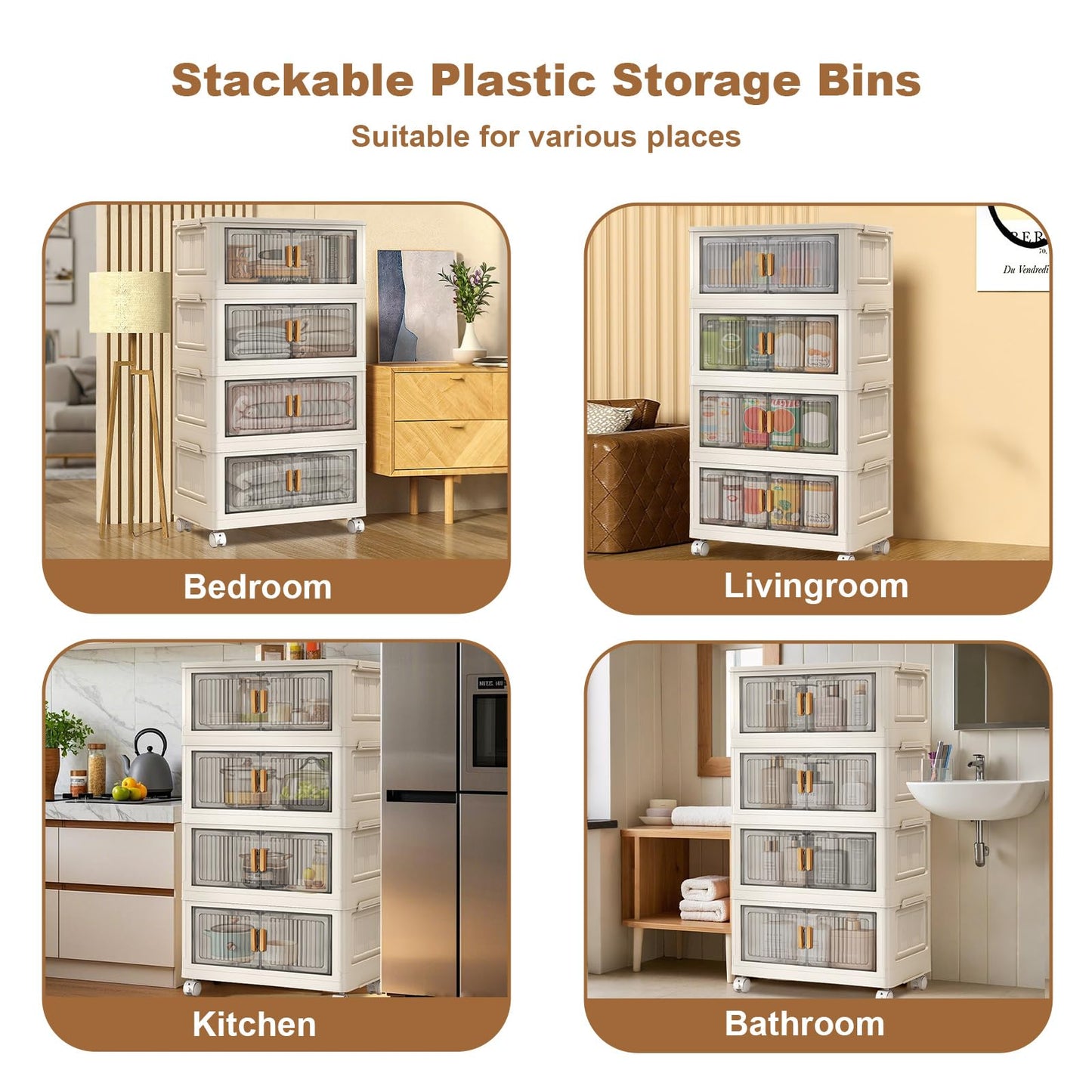 4-Layers Storage Boxes with Lid, Stackable Bins with Magnetic Double Door, Foldable Plastic Storage Organizer with 360° Wheels for Bedroom Living