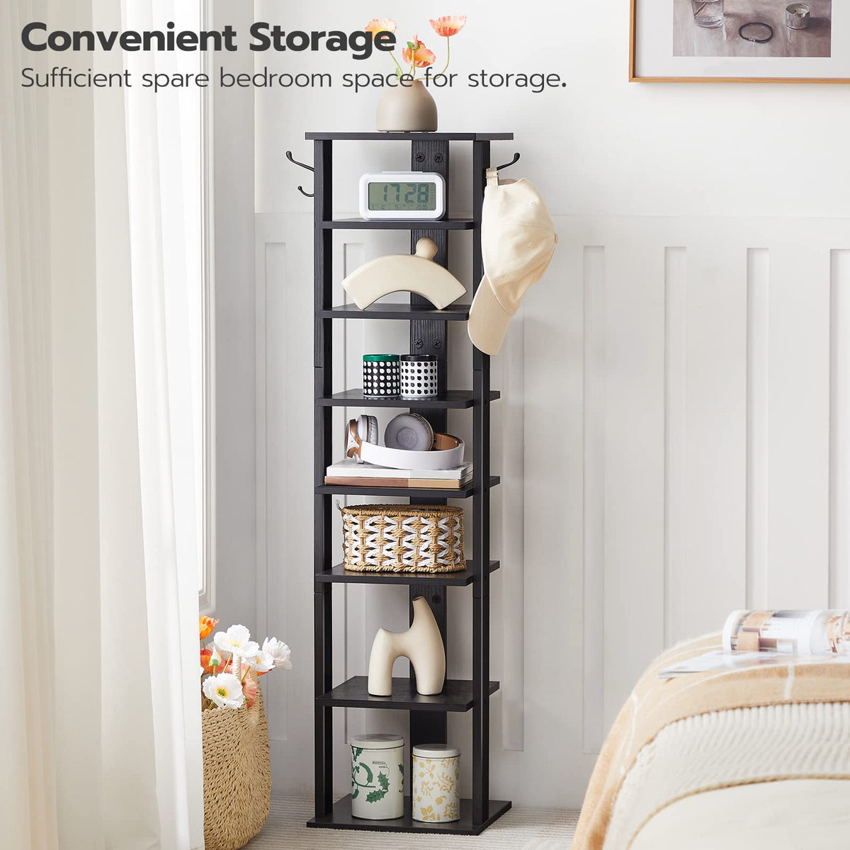 HOOBRO Tall Shoe Rack Wooden, Narrow Shoe Storage Organizer with 2 Hooks, Slim Shoe Shelf, Vertical Shoe Tower for Entrance, Living Room, Hallway