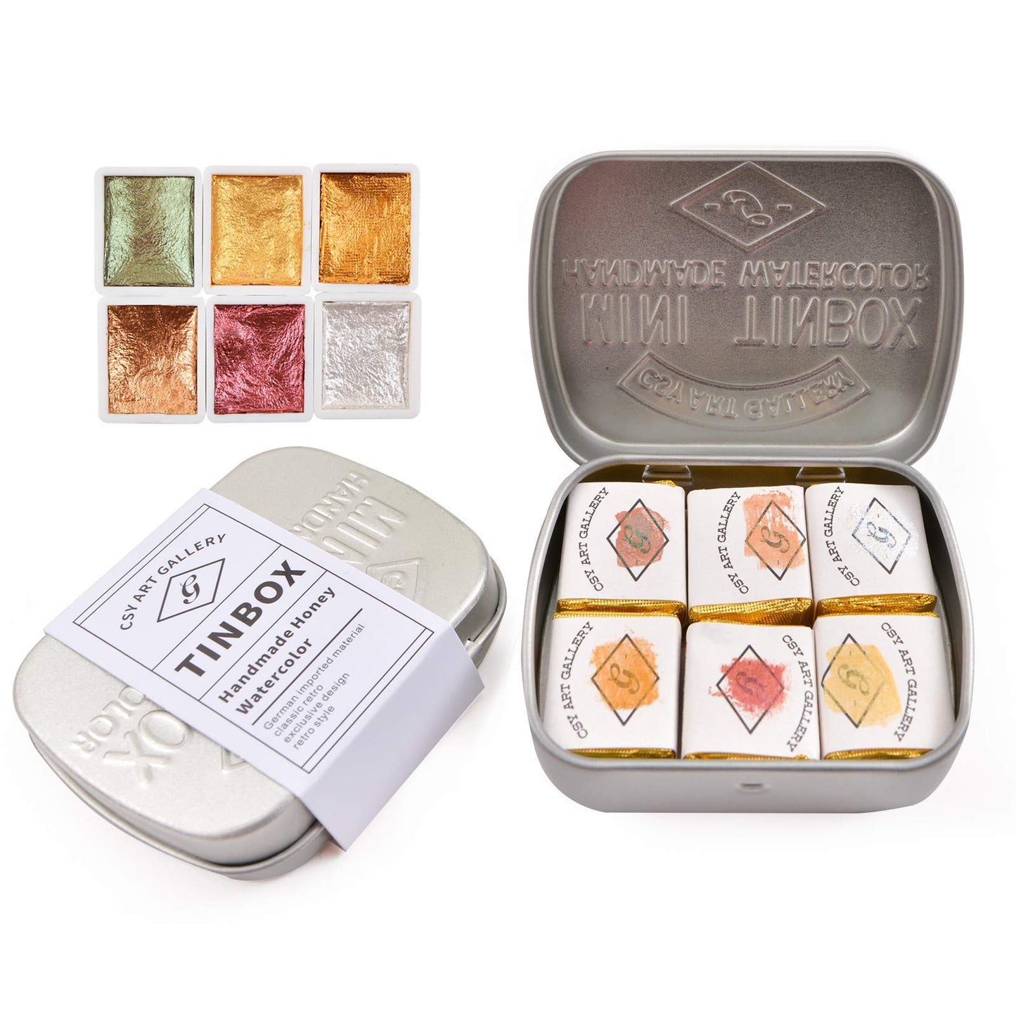 Csy Art Supplies Handmade Watercolours Paint Set - 6 Metallic Colors Half Pans Glitter Solid Water Colour- Metal Case Sparkle Pearlescent Watercolor