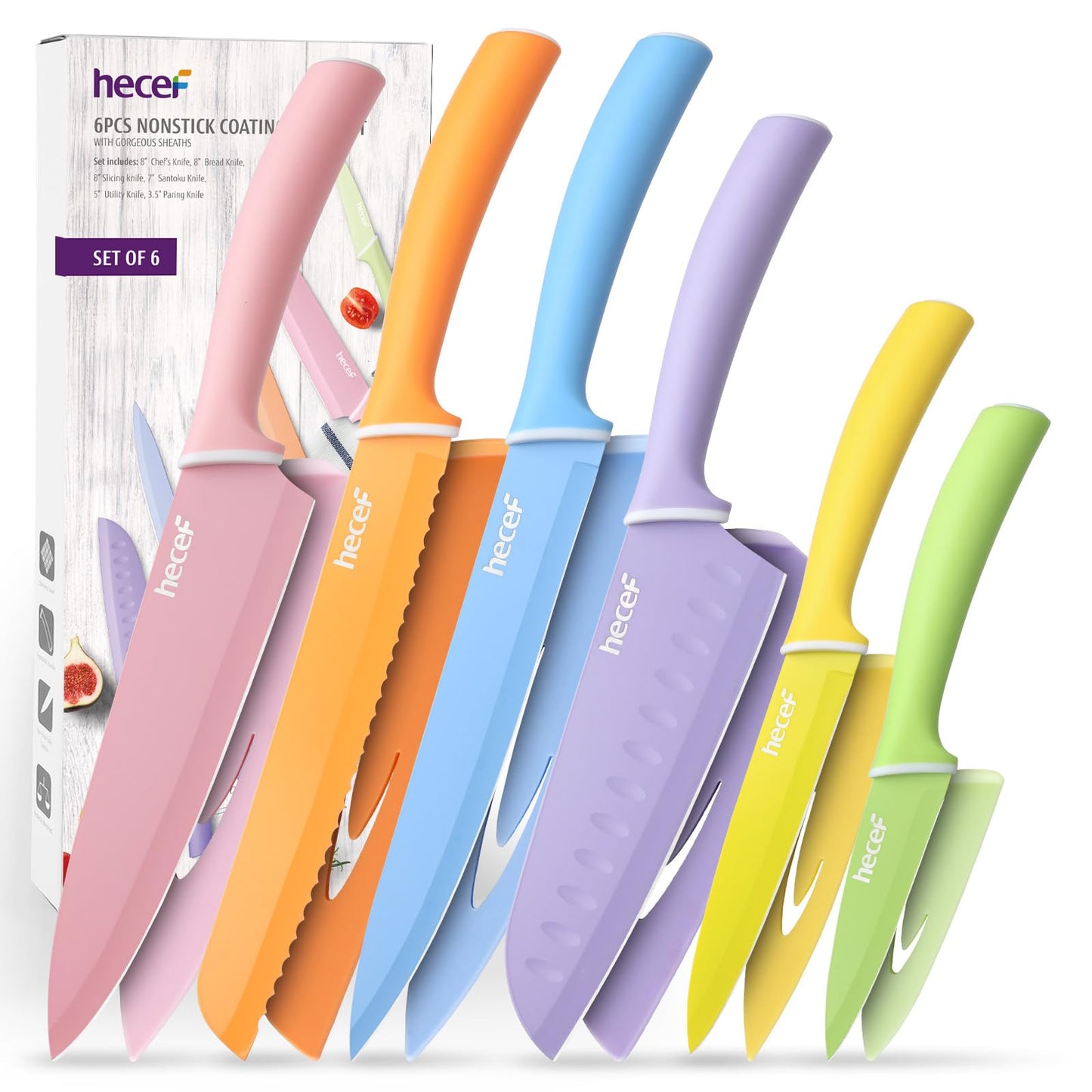 hecef Kitchen Knife Set of 6, Stylish Colorful Non-Stick Coating Blade, Sharp Stainless Steel Knife Set ? Elevate Your Kitchen Aesthetics
