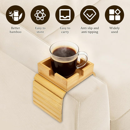 1Pack Sofa Arm Tray, Foldable Couch Cup Holder Bamboo Armrest Tray, Sofa Armrest Organiser for Drinks, Snack, and Remote