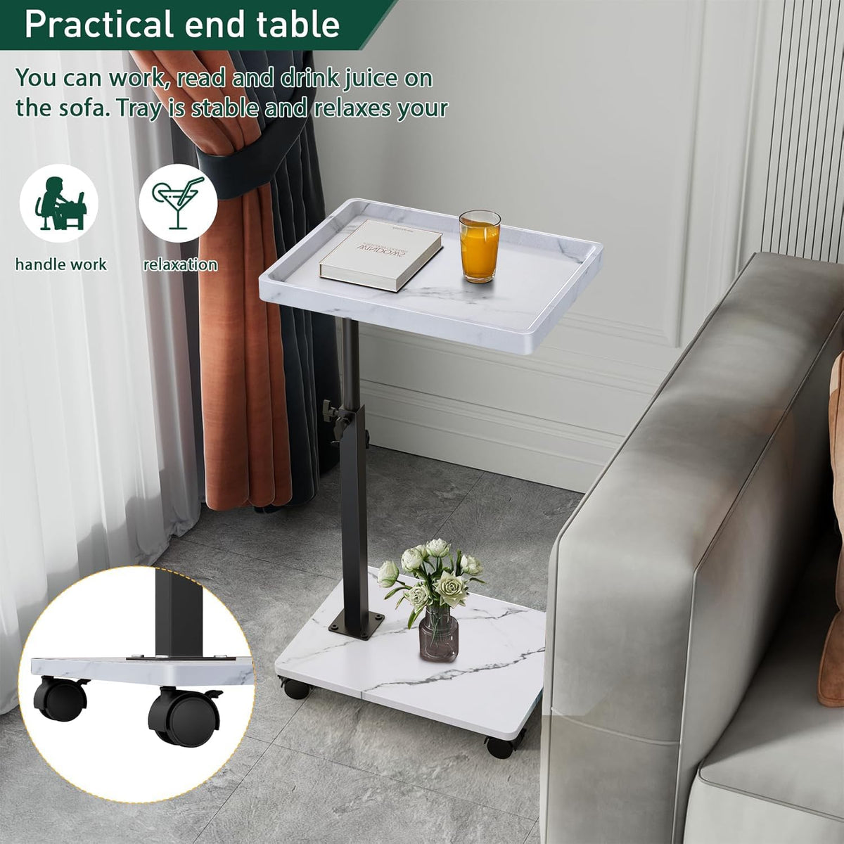 XNSDXV C Shaped Side Table Adjustable Height, 360°Swivel Bedside Tables With Wheels, End Table for Small Spaces, Sofa Side Tables For Living room