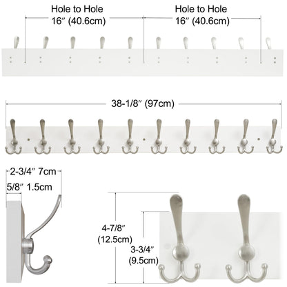SKOLOO Creations White Solid Wood Wall Mounted Coat Rack, 10 Hooks, 38-1/8" Long - Kitchen, Mudroom, Entryway, Bathroom - Includes Mounting Hardware