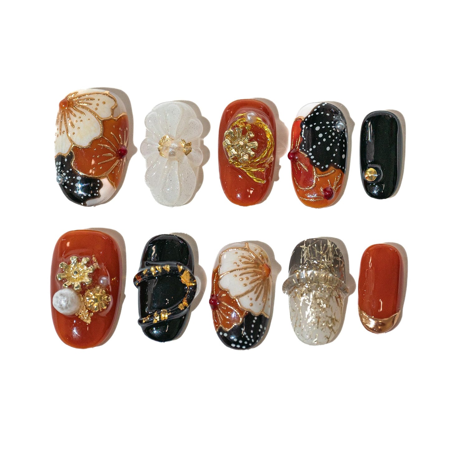 Sun&Beam Nails Handmade Press-on Short Round Red Black Gold Flower 3D Hand-Painted Design Fashion False Nail Tips 10 Pcs Set (#216 S)