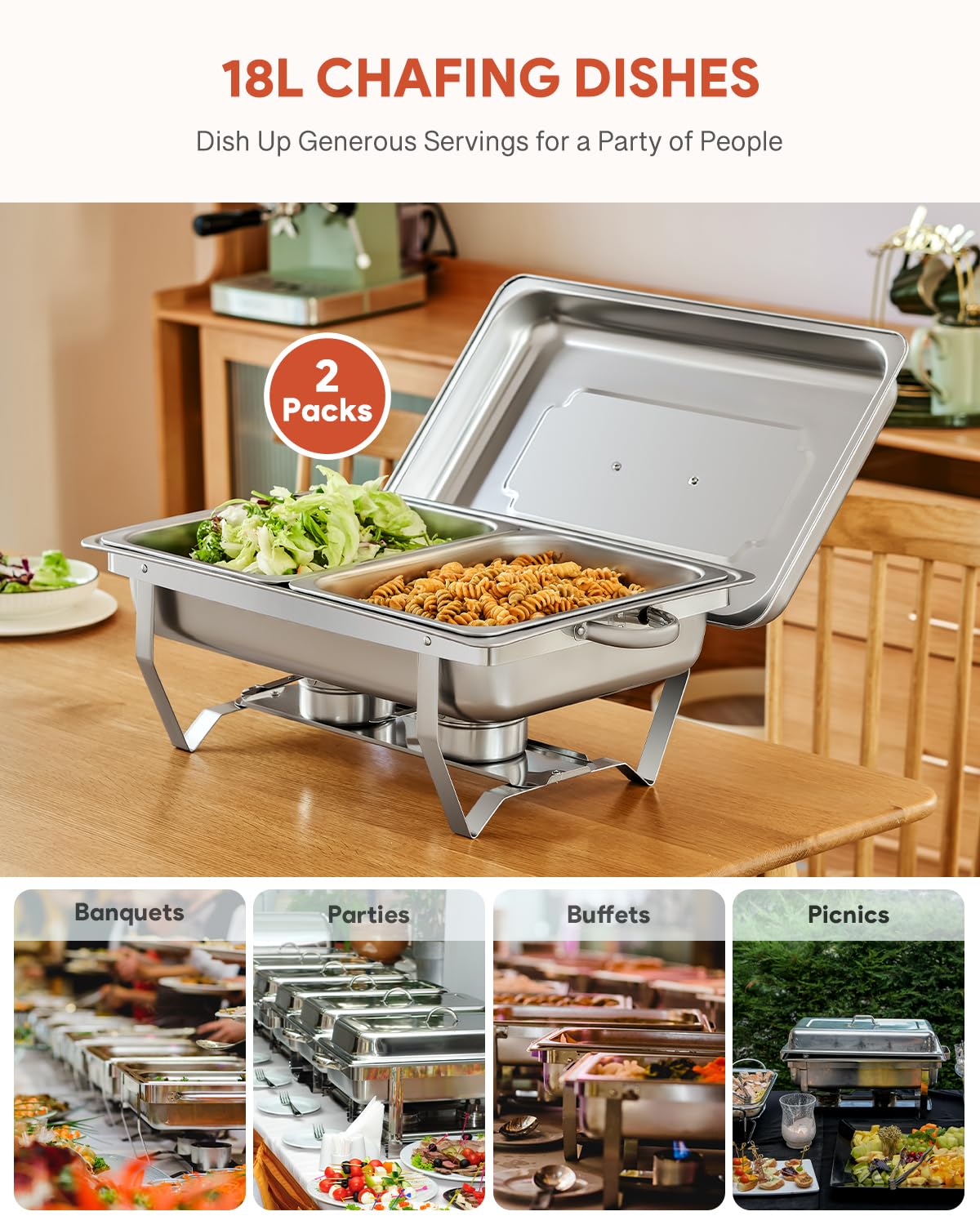 WILPREP Chafing Dish Buffet Set, 2 Pack 9L Chafers for Catering with 4 Half Size Food Pans Fuel Holders 2 Lids Foldable Frames, Stainless Steel Food