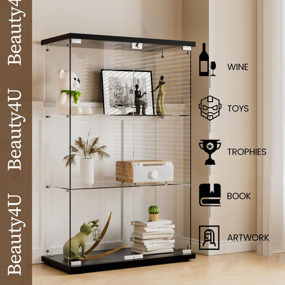 Beauty4U 3-Shelf Double Door Glass Display Cabinet, 125cm Tall, Black