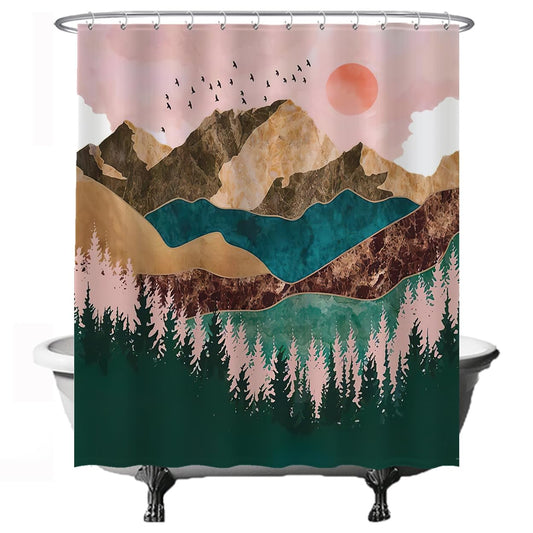 Ulticool Shower Curtain - Natural Sun Mountains Bohemian - 180 x 200 cm - Washable - Waterproof - with 12 Rings
