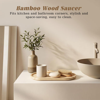 HJZHII 2Pcs Bamboo soap Dispenser Tray, Small Wooden Trays Bathroom Oval Countertop Tray Dispenser Trays Multi-Functional Countertop Organizer for