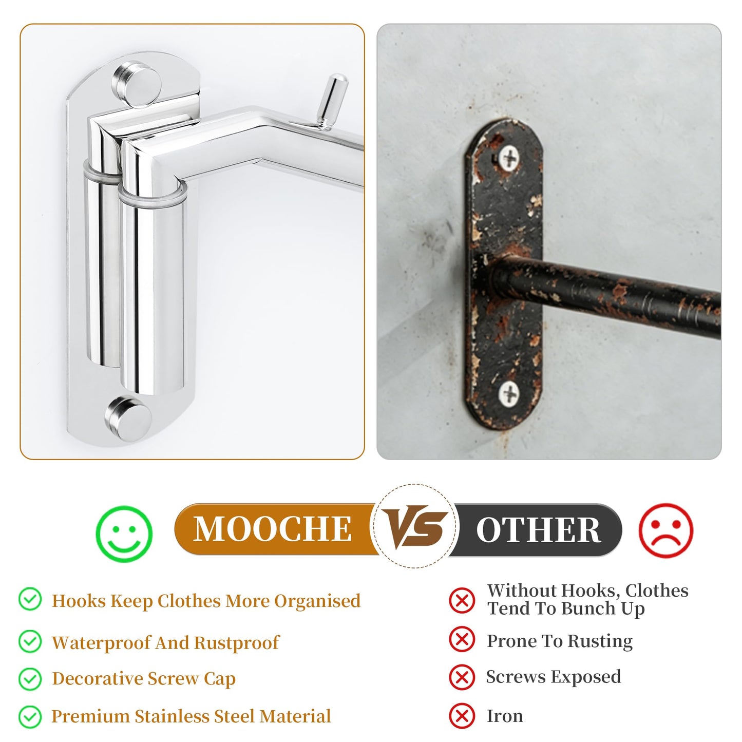 Mooche 2Pcs Wall Mounted Coat Rack Chrome, Swivel Clothes Rail, 27CM