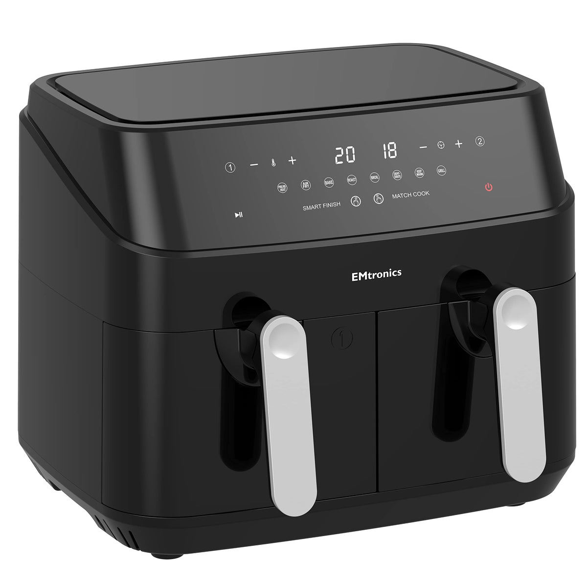 EMtronics EMAFDD9L Dual Air Fryer Extra Large Family Size Double XL 9 Litre with 8 Adjustable Pre-Set Menus for Oil Free & Low Fat Healthy Cooking,