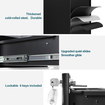 LVSTEEL Lockable 3-Drawer Metal Filing Cabinet on Wheels, Fully Assembled Mobile Office Storage, Filing Cabinets for Home Office, Fits Under Desk