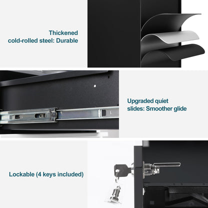 LVSTEEL 3-Drawer Mobile Filing Cabinet with Lock, Steel Office File Cabinet on Wheels, Under Desk Metal Cabinet, Fully Assembled, Black, 37x44x54cm