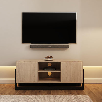 GFW Taite Oak 2 Door TV Unit, Modern TV Cabinet with Storage, Open Media Shelves and Black Metal Frame for TVs up to 50 Inches