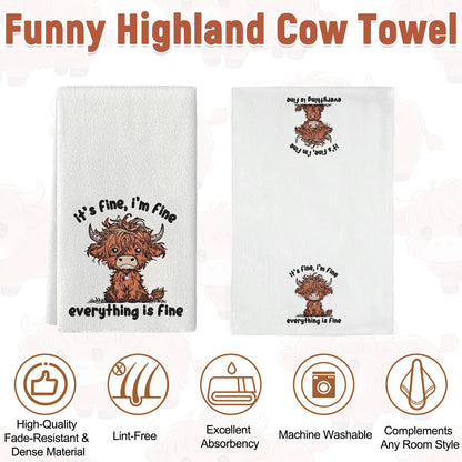 Highland Cow Towels, 2Pcs Soft Microfiber Tea Towels, Highland Cow Kitchen Accessories, Quick Dry for Everyday Cleaning, Home Decoration