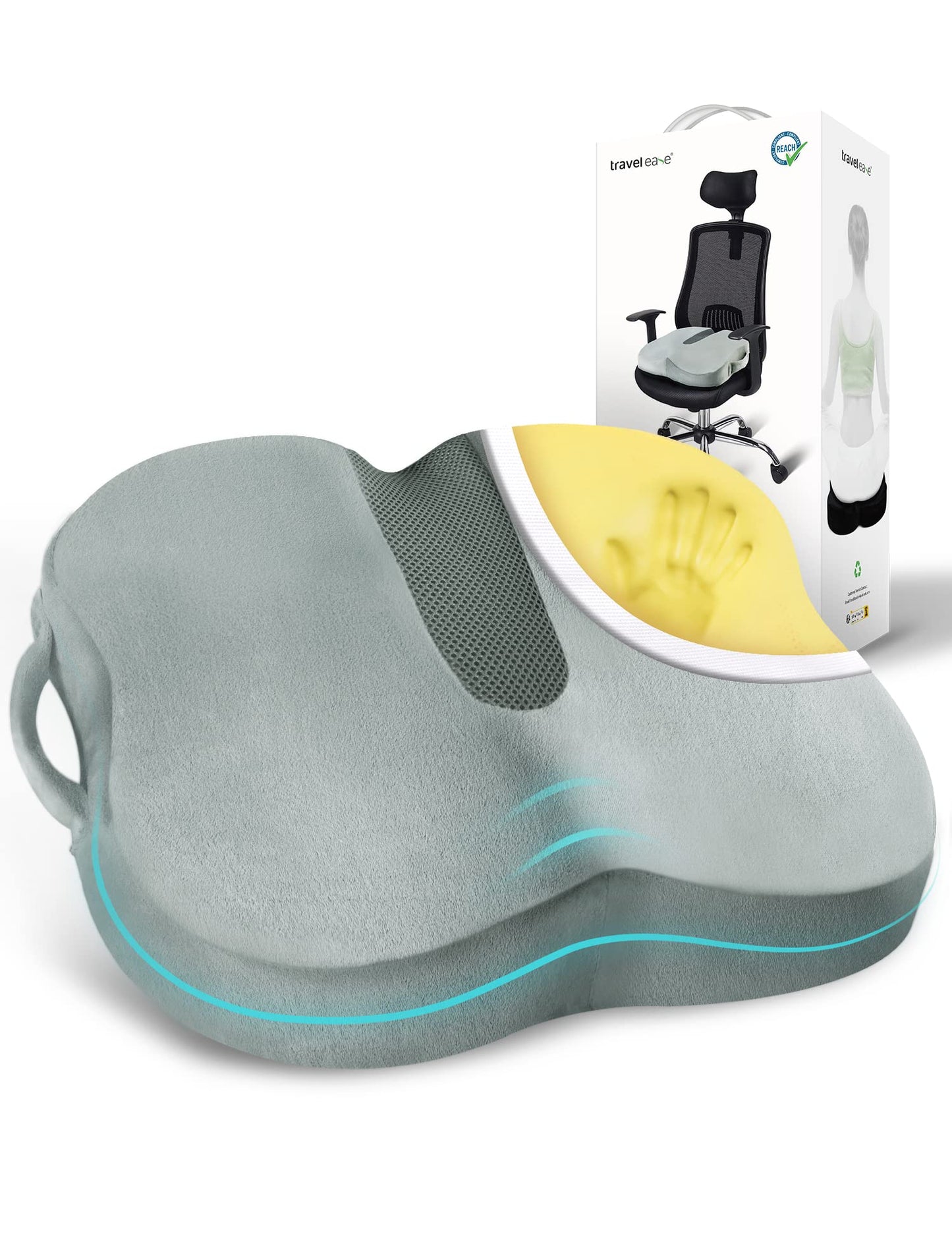 Travel Ease Ergonomic Seat Cushion, Premium Memory Foam Chair Pad with Anti-Slip Base for Long Hours Sitting Comfort