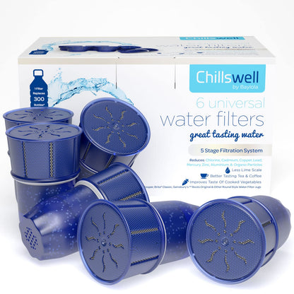 Chillswell Universal Longlife Water Filters 6 Pack (One Year Supply), BPA Free, Activated Carbon Filter Cartridges Fits Coopers, Brita Classic,
