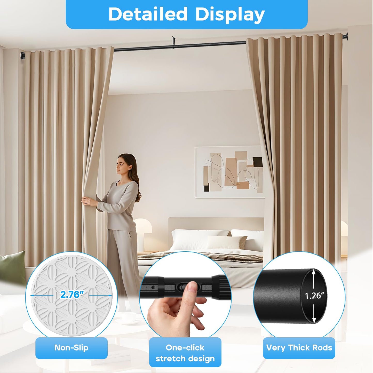 AIZESI Black Curtain Pole 207-422cm 1PCS,No Drill Room Divider Tension Rod