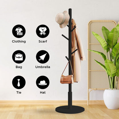 edihome, Coat Stand with Round Base, Freestanding Coat Rack with 8 Hooks, 172 x 38 x 38 cm, Wooden Hall Tree for Coats, Hats, Jackets