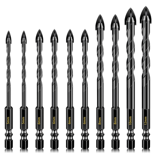 10 Pcs Masonry Drill Bits, Concrete Drill Bit Set for Tile, Brick, Glass, Plastic and Wood, Tungsten Carbide Tip Work with Ceramic Tile, Wall Mirror,