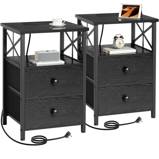 AMHANCIBLE Bedside Table with Charging Station, Bedside Cabinet Set of 2, Side Table with 2 Fabric Storage Drawers,Sofa Side Table for Small Spaces,