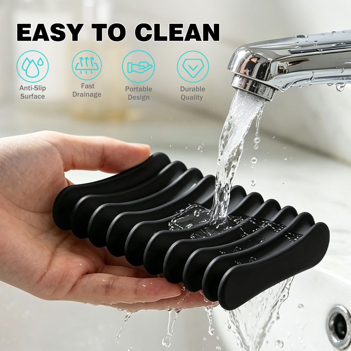 Langerspur Silicone Soap Dish 2 Pack Bar Soap Holder Self Draining Soap Tray Dishes for Bathroom Shower Kitchen Sink Travel (Black)