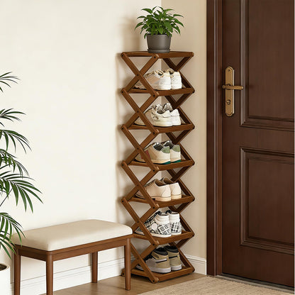 YYW Shoe Rack, Foldable Shoes Organizer Free Standing Shelf for Entryway, Closet, Hallway, Foldable X Shape Multi Tier Shoe Rack (Brown,7 Layers)