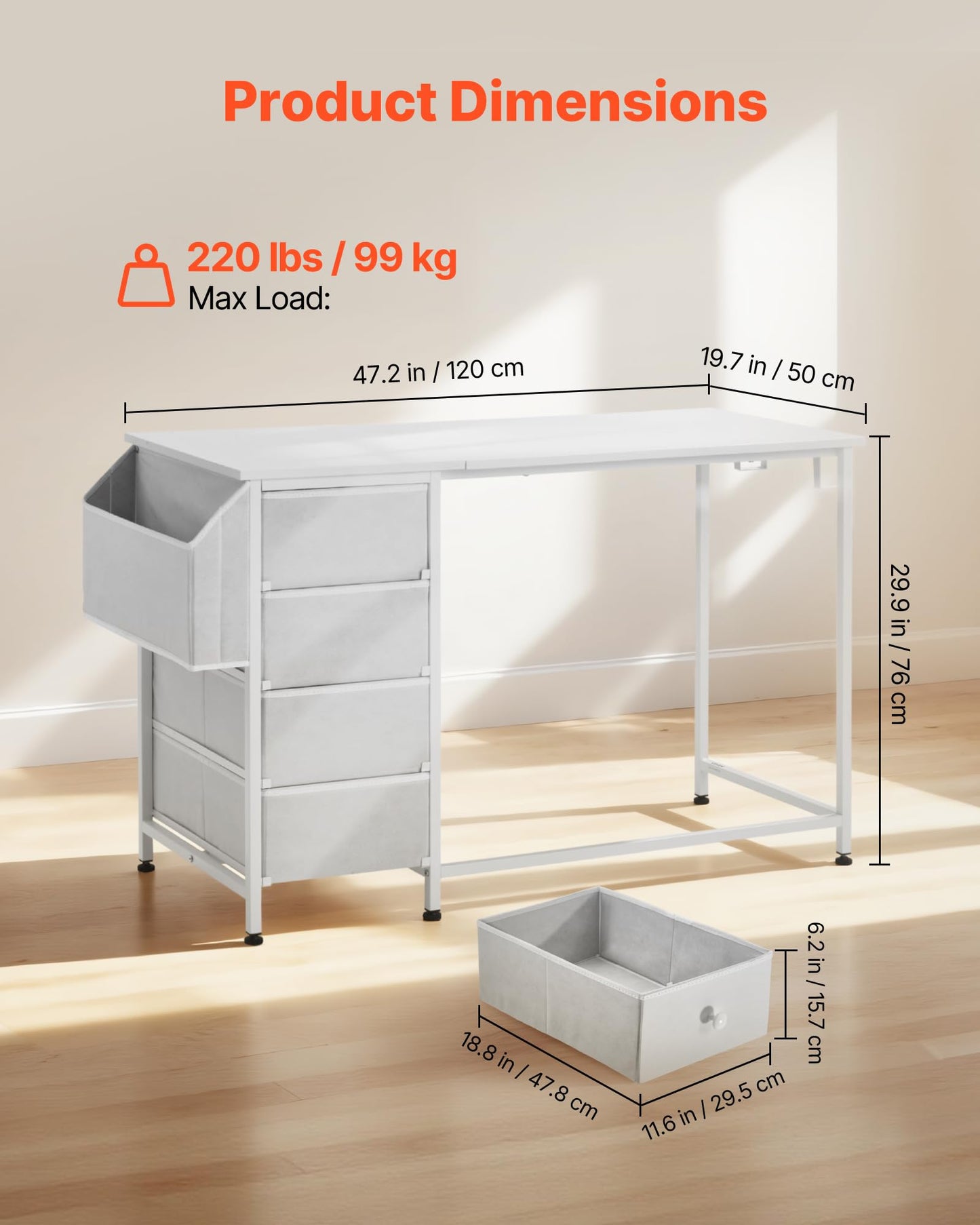 VEVOR Computer Desk with Fabric Drawers, 120 cm Reversible Study Work Writing Desk for Modern Home Office Bedroom